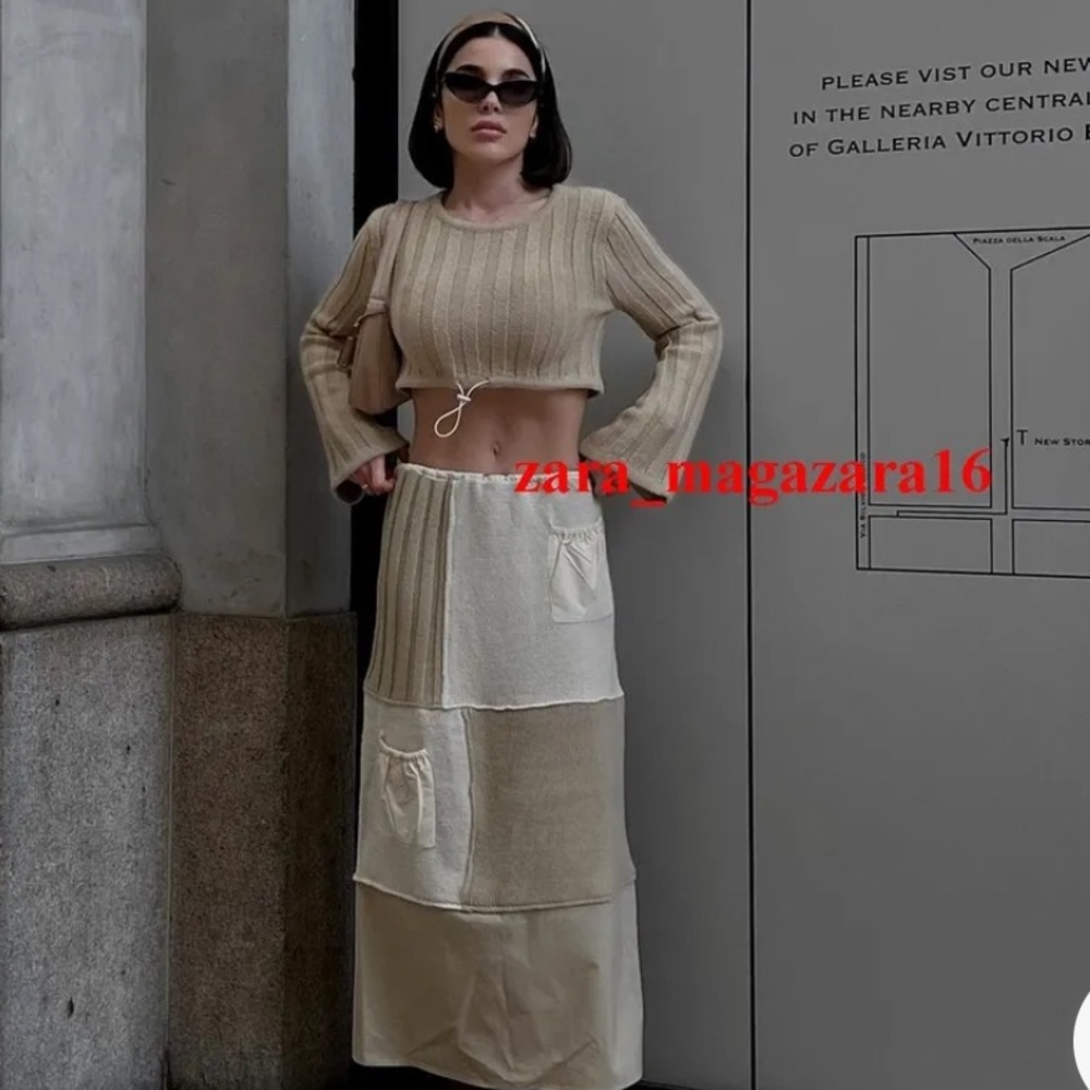 Zara Woman New WithOut Tags Ecru/ Khaki Patchwork Long Knit‎ Skirt. Size L